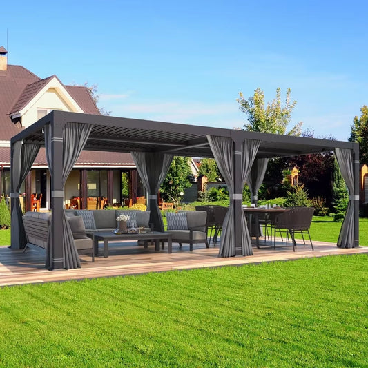 Louvered Pergola 10X20, Aluminum Pergola with Adjustable Louvered Roof, Outdoor Pergola with Waterproof Curtains and Nets, Gray