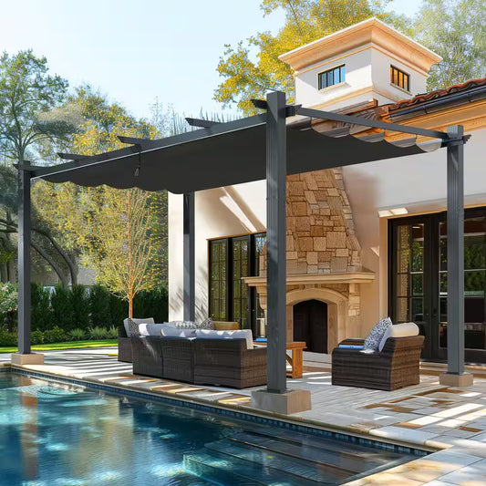 16 Ft. W X 12 Ft. D Aluminum Pergola Outdoor with Dark Gray Retractable Canopy