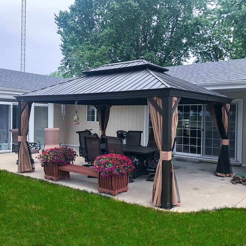 Hardtop Gazebo Canopy for Patio Deck Backyard Heavy Duty outside Sunshade with Netting and Curtains Outdoor Permanent Metal Pavilion