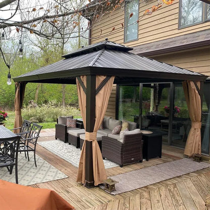 Hardtop Gazebo Canopy for Patio Deck Backyard Heavy Duty outside Sunshade with Netting and Curtains Outdoor Permanent Metal Pavilion