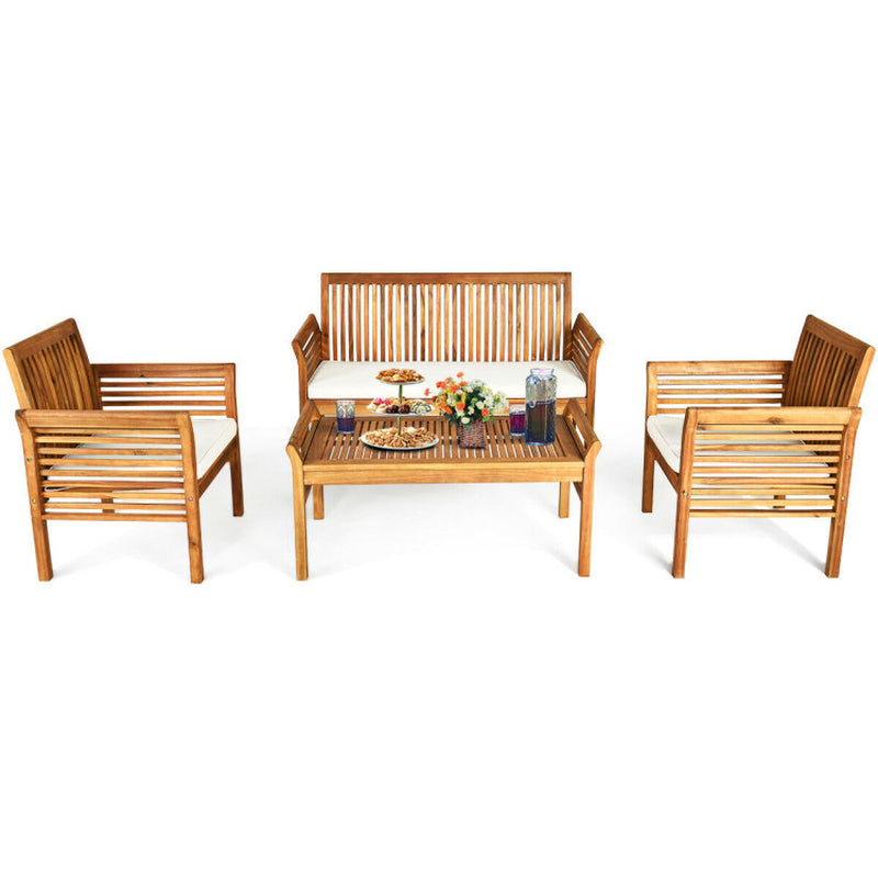 4 Pieces Outdoor Acacia Wood Sofa Furniture Set