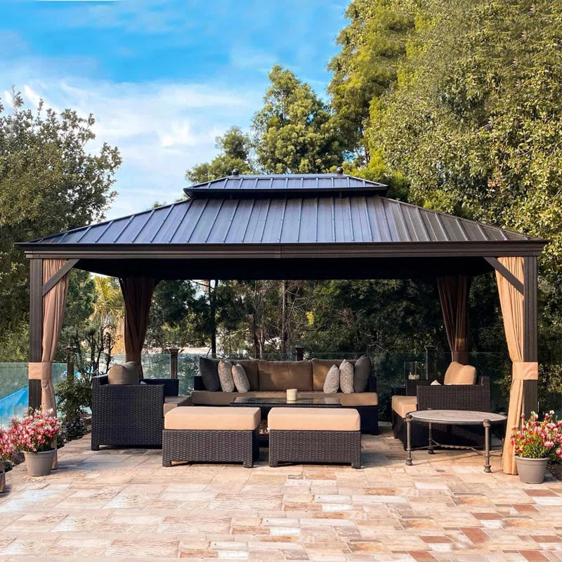 Hardtop Gazebo Canopy for Patio Deck Backyard Heavy Duty outside Sunshade with Netting and Curtains Outdoor Permanent Metal Pavilion