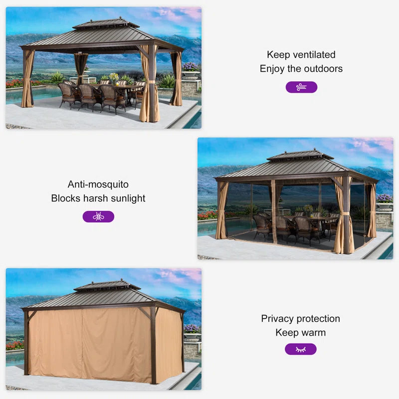 Hardtop Gazebo Canopy for Patio Deck Backyard Heavy Duty outside Sunshade with Netting and Curtains Outdoor Permanent Metal Pavilion