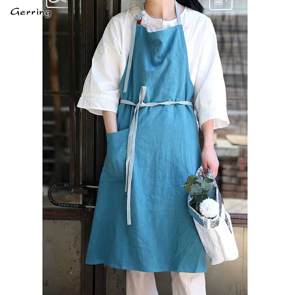 Gerring New Japanese Apron Woman Cotton Linen Dress Loose Sleeveless Art Kitchen Breathable Aprons for Women with Pocket