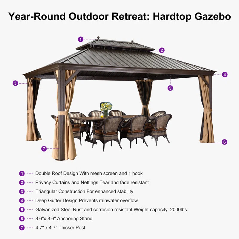 Hardtop Gazebo Canopy for Patio Deck Backyard Heavy Duty outside Sunshade with Netting and Curtains Outdoor Permanent Metal Pavilion