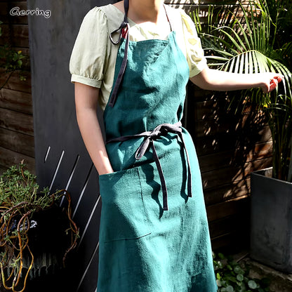 Gerring New Japanese Apron Woman Cotton Linen Dress Loose Sleeveless Art Kitchen Breathable Aprons for Women with Pocket