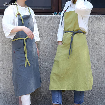 Gerring New Japanese Apron Woman Cotton Linen Dress Loose Sleeveless Art Kitchen Breathable Aprons for Women with Pocket